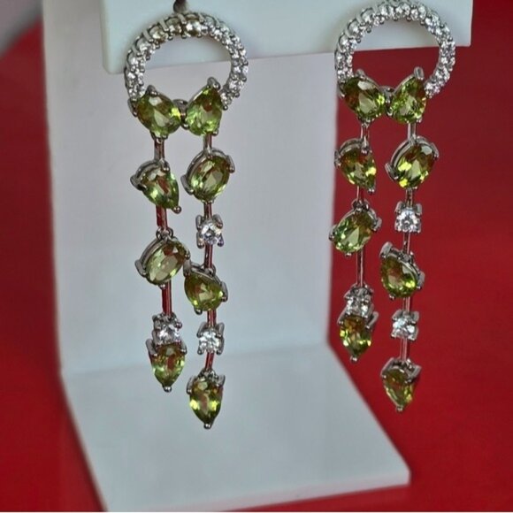 925 Sterling Silver Earrings 5cm with Natural Peridot Gem & CZ - Picture 1 of 8